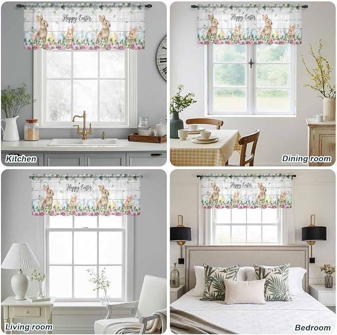 Easter Sheer Valances for Windows 42"x12", Light Filtering Kitchen Curtains Valance, Spring Watercolor Bunny Eggs Flower Leaf Wooden Grey Rod Pocket Chiffon Curtains for Living Room Bedroom Cafe