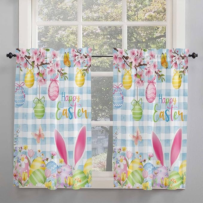 Happy Easter Kitchen Curtains 45 Inches length, Spring Watercolor Bunny Eggs Flower Blue Plaid Window Treatment Curtain Drapes, Lightweight Window Panels for Living Room Bedroom, 52"x45", 2 Panels