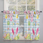 Happy Easter Kitchen Curtains 54 Inches length, Spring Watercolor Bunny Eggs Flower Blue Plaid Window Treatment Curtain Drapes, Decorative Window Curtains for Bedroom Cafe, 52"x54", 2 Panels