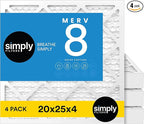 Simply 20x25x4 Air Filter, MERV 8, 4 Pack, Furnace Air Filter for HVAC (Actual Size:19.5"x24.5"x3.63") DUST, Pet, & Allergy Control
