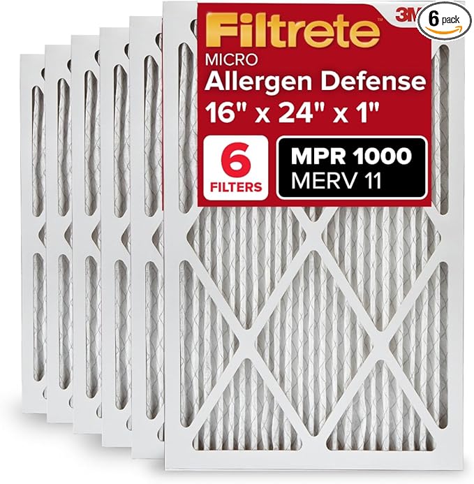 Filtrete 16x24x1 AC Furnace Air Filter, MERV 11, MPR 1000, Micro Allergen Defense, 3-Month Pleated 1-Inch Electrostatic Air Cleaning Filter, 6 Pack (Actual Size 6-Pack 15.81x23.81x0.81 in)