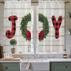 Christmas Wreaths Window Curtains 63 Inch Long 2 Panel Set, Rod Pocket Bedroom Curtains & Drapes, Winter Bow Plaid Farmhouse Wooden Grain Light Filtering Window Treatment for Living Room 42"W x 63"L