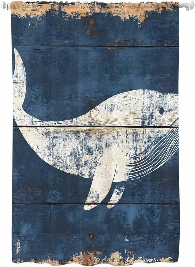 Sheer Curtains 63 Inch Length, Ocean Whale Blue Semi Sheer Curtains Light Filtering Window Treatment, Summer Sea Vintage Wooden Grain Privacy Voile Drapes for Living Room Bedroom 52x63 Inch
