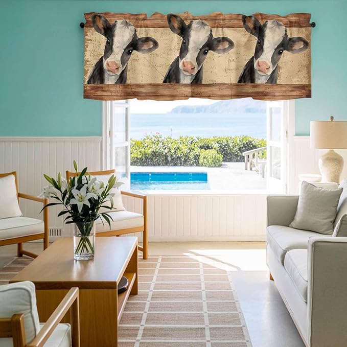 Farmhouse Cow Curtain Valances for Windows, Kitchen Valance Window Treatment, Country Vintage Animals Wooden Grain Light Filtering Block Curtains for Bathroom/Bedroom/Living Room 42'' x 12''