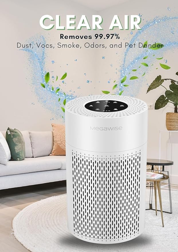 MEGAWISE Air Purifier for Home and Pets Hair, Smokers in Bedroom, Large Room, Smart Air Quality Sensor, Filters VOCs, Odors, Dust, Ozone Free