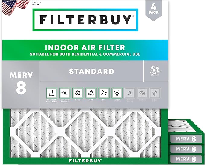 Filterbuy 15x15x1 Air Filter MERV 8 Essential Dust & Allergy Defense (4-Pack), Electrostatic Pleated HVAC AC Furnace Filters Replacement, Made in USA (Actual Size: 15.00 x 15.00 x 0.75)