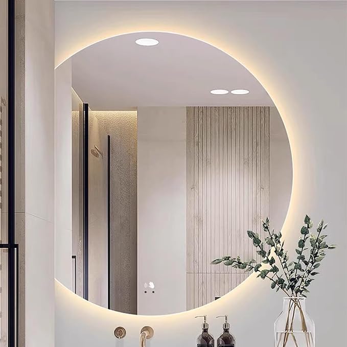 Half circle mirror，half circle mirrors for wall，half moon mirrors for wall，Dimmable LED Vanity Mirror Half Circle,Illuminated Mirror with Demister Pad, Anti-fog bathroom mirror，3 colours dimmable(Tric