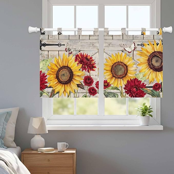 Red Yellow Sunflowers Kitchen Curtains 24 Inch Length, Small Window Curtains Tab Top, Retro Rustic Barn Doors Butterfly Brown Light Filtering Short Window Treatments Tier Drapes 27.5"x24" 2 Panel