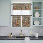 Spring Flowers Kitchen Curtain Set, Farmhouse Vintage Black Plaid Wood Grain Window Valance and Tiers 36" Length, Light Filtering Short Curtains Valance for Cafe Bathroom Bedroom 54"x18"