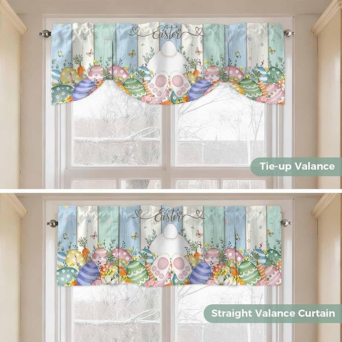 Easter Tie Up Valance Curtains for Windows, Kitchen Curtains Window Shades, Spring Rabbit Ears Foot Flowers Eggs Green Wooden Light Filtering Roman Curtain Valances for Bedroom/Bathroom/Cafe 42"x18"