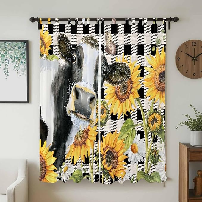 Retro Sunflowers Living Room Curtains 84 Inch Length, Window Curtains Tab Top, Farmhouse Floral Cow Butterfly Black Plaid Light Filtering Window Treatments Drapes 52"x84" 2 Panel