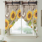 Farmhouse Sunflowers Swag Valances for Windows, Rustic Barn Doors Flowers Butterfly Wooden Rod Pocket Kitchen Curtains Valance, Small Window Curtains Swag for Cafe Living Room, 2 Panels, 36x36 inch