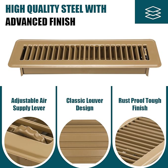 VOISEN Floor Register 2x12, 4 Pack Floor Vent Covers, Steel Adjustable Air Supply Grille Register Vent Cover Grill for Sidewall and Floor, Vent Covers for Home Floor,Brown