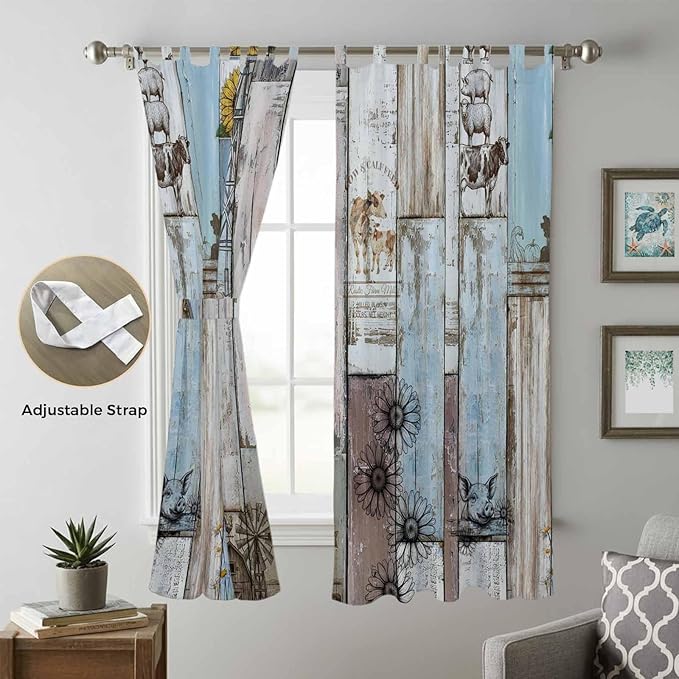 Blue Grey Wooden Living Room Curtains 96 Inch Length, Window Curtains Tab Top, Farmhouse Barn Sunflowers Retro Light Filtering Window Treatments Drapes 52"x96" 2 Panel