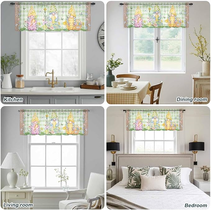 Easter Sheer Valances for Windows 54"x18", Light Filtering Kitchen Curtains Valance, Gnomes Flowers Duck Eggs Green Lattice Wooden Rod Pocket Chiffon Curtains for Living Room Bedroom Cafe