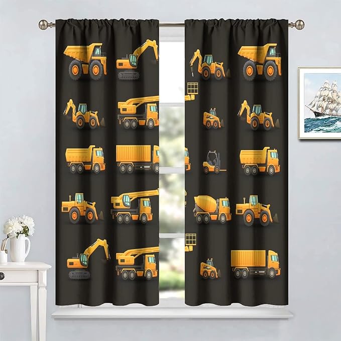 Kids Construction Window Curtains, Construction Machinery Equipment Mode of Transport Bulldozer Tractor Windows Curtain for Children Teens Room Decor 63x72in (30% Blackout)