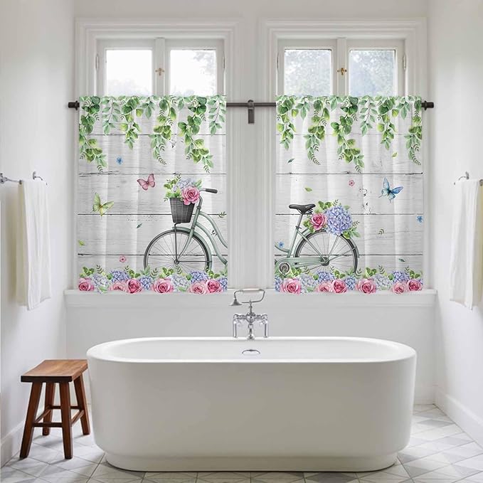 Spring Kitchen Curtains, Bicycles Botanical Rose Leaves Butterfly Wood Grain Light Filtering Window Curtain Panels, 2Pcs Rod Pocket Window Treatments Set for Study Room Bathroom Bedroom 52x54 Inches