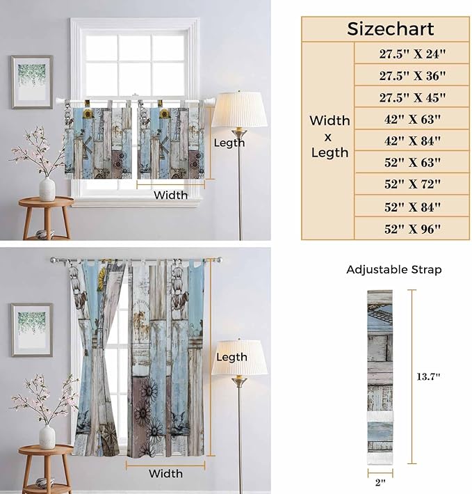 Blue Grey Wooden Bathroom Curtains 63 Inch Length, Window Curtains Tab Top, Farmhouse Barn Sunflowers Retro Light Filtering Window Treatments Drapes 52"x63" 2 Panel