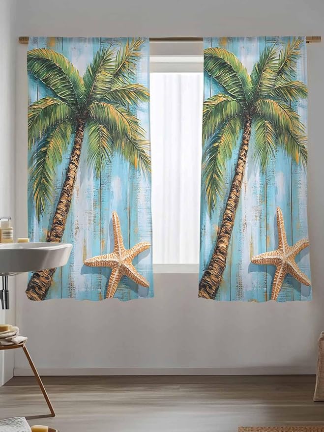Sheer Curtains 63 Inch Length, Coastal Beach Tree Semi Sheer Curtains Light Filtering Window Treatment, Summer Tropical Starfish Wood Grain Privacy Voile Drapes for Living Room Bedroom 52x63 Inch