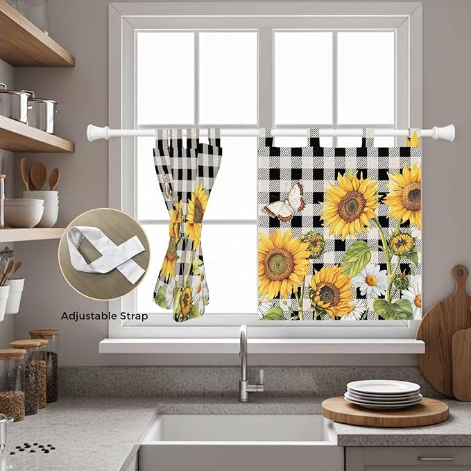 Sunflowers Kitchen Curtains 24 Inch Length, Small Window Curtains Tab Top, Yellow Flowers Butterfly Farmhouse Black Plaid Light Filtering Short Window Treatments Tier Drapes 27.5"x24" 2 Panel