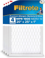 Filtrete 20x25x1 AC Furnace Air Filter, MERV 13, MPR 1900, Premium Allergen, Bacteria & Virus Filter, 3-Month Pleated 1-Inch Electrostatic Air Cleaning Filter, 4-Pack (Actual Size 19.69x24.69x0.78 in)