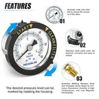 MEANLIN MEASURE 0~60Psi Stainless Steel Start and Clean Filter Pressure Gauge 1/4" NPT Waterproof for Pool Filter Pump Swimming Pool, Spa Center Back Mount with Rotatable Plastic Frame and Hex Bushing