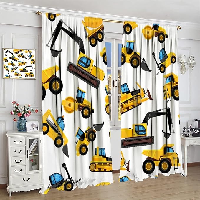 Kids Construction Equipment Window Curtains, Excavator Tractor Tow Truck Rod Pocket Decorative Windows Curtain for Children Teens Boys Girls Room Decor 63x72in (30% Blackout)
