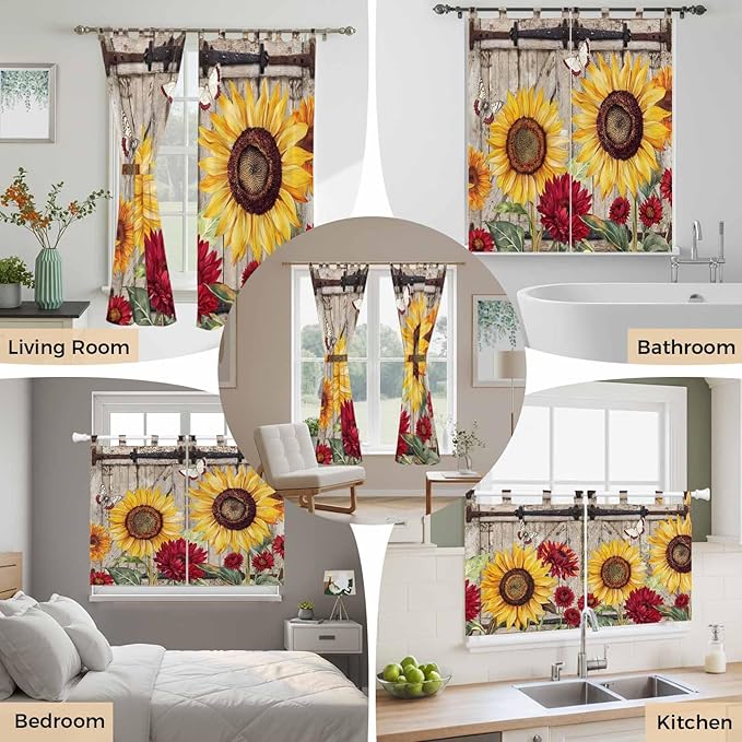 Sunflowers Bedroom Curtains 72 Inch Length, Window Curtains Tab Top, Retro Flower Barn Doors Butterfly Farmhouse Brown Light Filtering Window Treatments Drapes 52"x72" 2 Panel