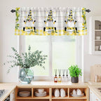 Lemon Gnomes Kitchen Curtains Set 3 Piece for Windows, Rod Pocket Valance and Tier Set 36 Inch Length, Summer Botanical Fruit Wooden Grain Plaid Light Filtering Cafe Curtains for Living Room Bathroom