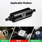 EVIL ENERGY Inline Fuel Filter 10 Micron with Barb 1/2", 3/8", 5/16" Fitting Adapter 50MM Universal Aluminum Black, for Gasoline, Diesel, Rubber Fuel Line, Car EFI & Carb Fuel Systems