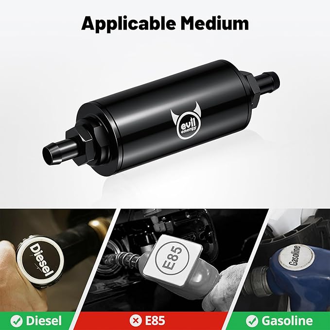 EVIL ENERGY Inline Fuel Filter 40 Micron with Barb 1/2", 3/8", 5/16" Fitting Adapter 60MM Universal Aluminum Black, for Gasoline, Diesel, Rubber Fuel Line, Car EFI & Carb Fuel Systems