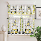 Lemon Gnomes Kitchen Curtains Set 3 Piece for Windows, Rod Pocket Valance and Tier Set 36 Inch Length, Summer Botanical Fruit Wooden Grain Plaid Light Filtering Cafe Curtains for Living Room Bathroom