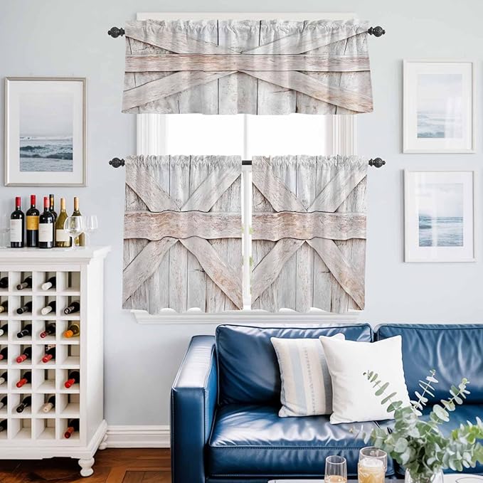 Kitchen Window Curtains Valance and Tier Set, Farmhouse Retro Wooden Barn Rod Pocket Tier Curtain Valance Set, Vintage Village Wood Grain Light Filtering Cafe Curtains for Bedroom Living Room