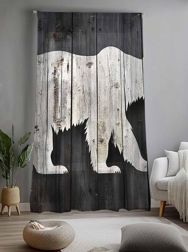 Sheer Curtains 96 Inches Long, White Brown Bear Semi Sheer Curtains Light Filtering Window Treatment, Farmhouse Country Rustic Wooden Grain Privacy Voile Drapes for Living Room Bedroom 52x96 Inch
