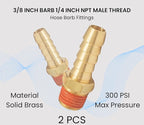 2 Pack Brass Air Hose Barb Fittings Adapter Set, 3/8 Inch Barb to 1/4 Inch NPT Male Pipe, Air Hose Repair Kit Connectors with Sealant