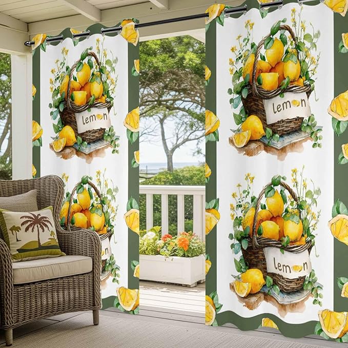 Lemon Outdoor Curtains for Patio Lemons Baskets Summer Tropical Plant Waterproof Outside Curtains with Grommet Top Weatherproof Curtain for Cabana Pergola Gazebo, 1 Panel, 54" W x 84" L