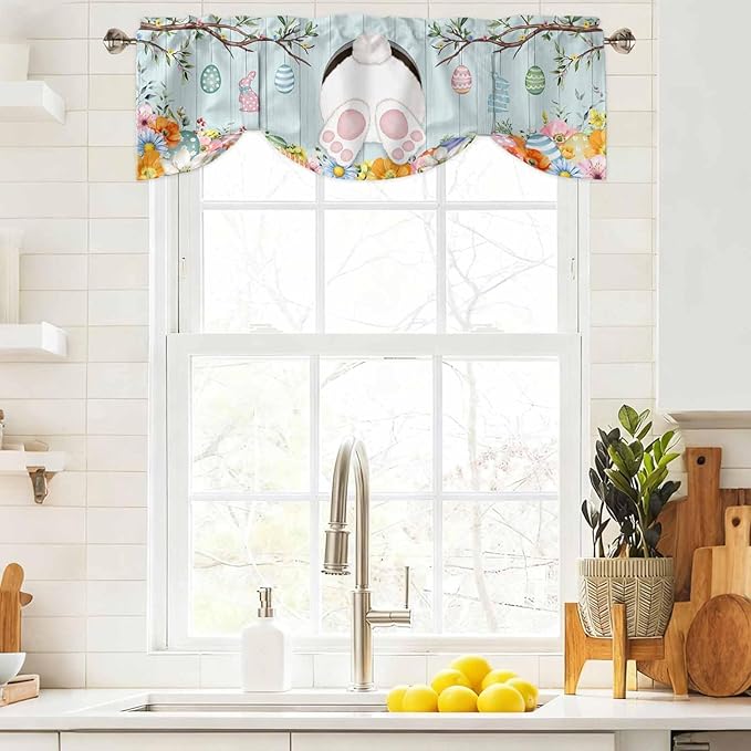 Easter Bunny Tie Up Valance Curtains for Windows, Kitchen Curtains Window Shades, Easter Eggs Spring Farmhouse Wood Grain Teal Blue Light Filtering Curtain Valances for Bedroom/Bathroom/Cafe 60"x18"