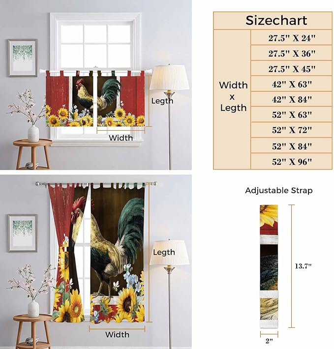 Chicken Sunflowers Bathroom Curtains 63 Inch Length, Window Curtains Tab Top, Farmhouse Animals Red Barn Bees Light Filtering Window Treatments Drapes 52"x63" 2 Panel