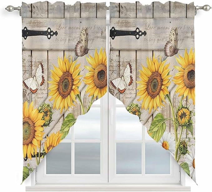 Farm Flowers Swag Valances for Windows, Retro Sunflowers Barn Doors Butterfly Wood Board Rod Pocket Kitchen Curtains Valance, Kitchen Window Curtains Swag for Cafe Living Room, 2 Panels, 36x63 inch