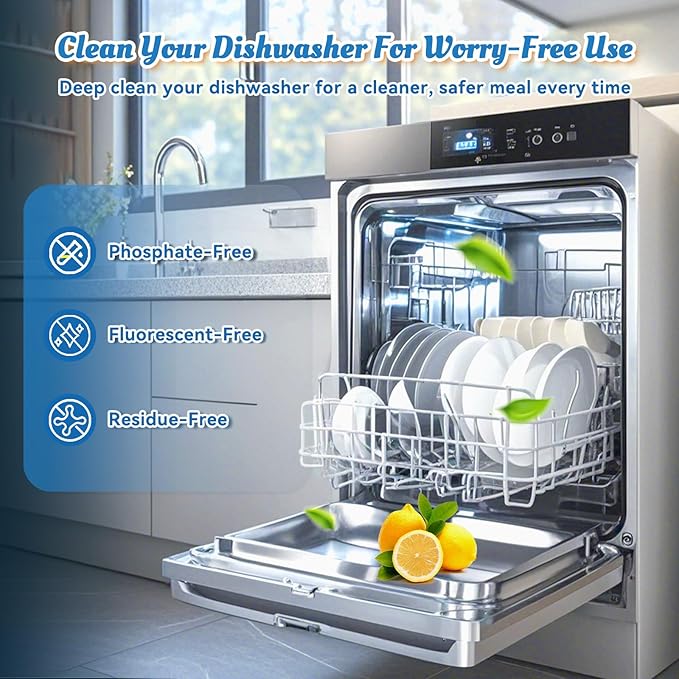Dishwasher Cleaner Tablets Deodorizer Pods-24 Pack Deep Cleaning Dish Washer Descaler Freshener-Grime Limescale Heavy Duty Grease Odor Smell Remover-for All Dishwashers Lemon Foaming 1 Year Supply
