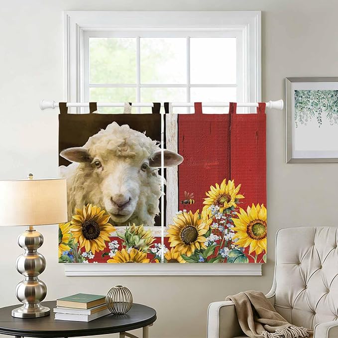 Sheep Flowers Kitchen Curtains 45 Inch Length, Short Cafe Window Curtains Tab Top, Country Red Barn Botanical Sunflowers Light Filtering Window Treatments Tier Drapes 27.5"x45" 2 Panel