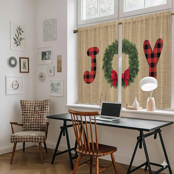 Red Green Christmas Kitchen Curtains 54 Inch Long 2 Panel Set, Rod Pocket Window Curtains Panels, Xmas Botanical Winter Farmhouse Light Filtering Privacy Draperies for Bedroom Laundry 42"W x 54"L