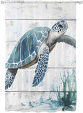 Sheer Curtains 72 Inches Long, Teal Green Sea Turtle Semi Sheer Curtains Light Filtering Window Treatment, Summer Ocean Vintage Wood Grain Privacy Voile Drapes for Living Room Bedroom 52x72 Inch
