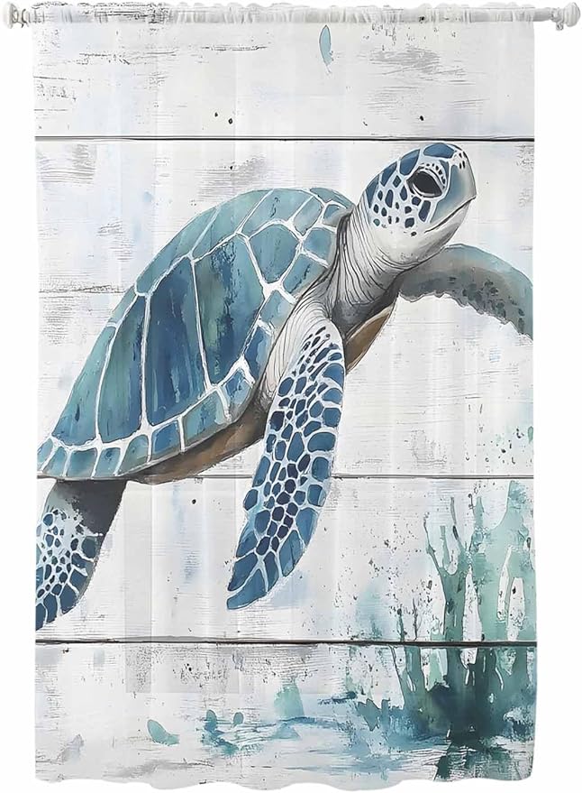 Sheer Curtains 72 Inches Long, Teal Green Sea Turtle Semi Sheer Curtains Light Filtering Window Treatment, Summer Ocean Vintage Wood Grain Privacy Voile Drapes for Living Room Bedroom 52x72 Inch