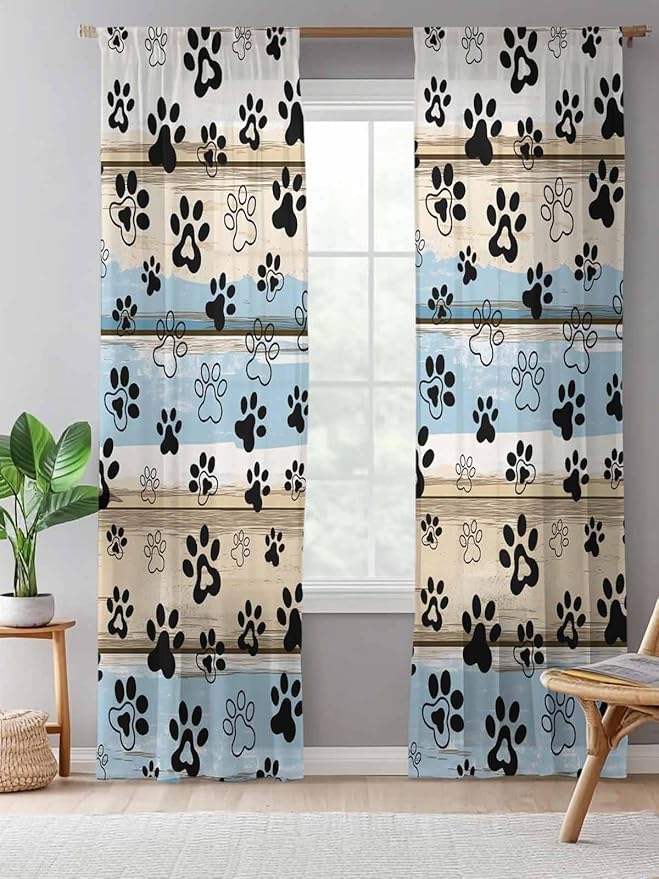 Sheer Curtains 84 Inches Long, Blue Dog Paw Print Semi Sheer Curtains Light Filtering Window Treatment, Vintage Farmhouse Rustic Wooden Grain Privacy Voile Drapes for Living Room Bedroom 52x84 Inch