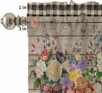 Spring Flowers Kitchen Curtain Set, Farmhouse Vintage Black Plaid Wood Grain Window Valance and Tiers 24" Length, Light Filtering Short Curtains Valance for Cafe Bathroom Bedroom 54"x18"
