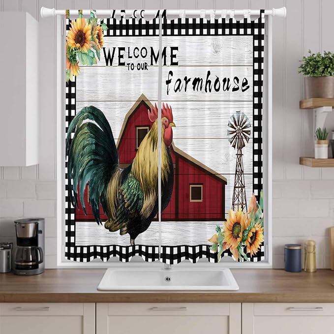 Farmhouse Rooster Living Room Curtains 96 Inch Length, Window Curtains Tab Top, Rustic Red Barn Windmill Sunflowers Light Filtering Window Treatments Drapes 52"x96" 2 Panel