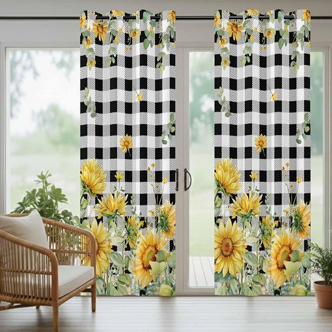 Sunflowers Outdoor Curtains for Patio Summer Floral Eucalyptus Leaf Buffalo Check Waterproof Outside Curtains with Grommet Top Weatherproof Curtain for Cabana Pergola Gazebo, 2 Pack, 54" W x 95" L