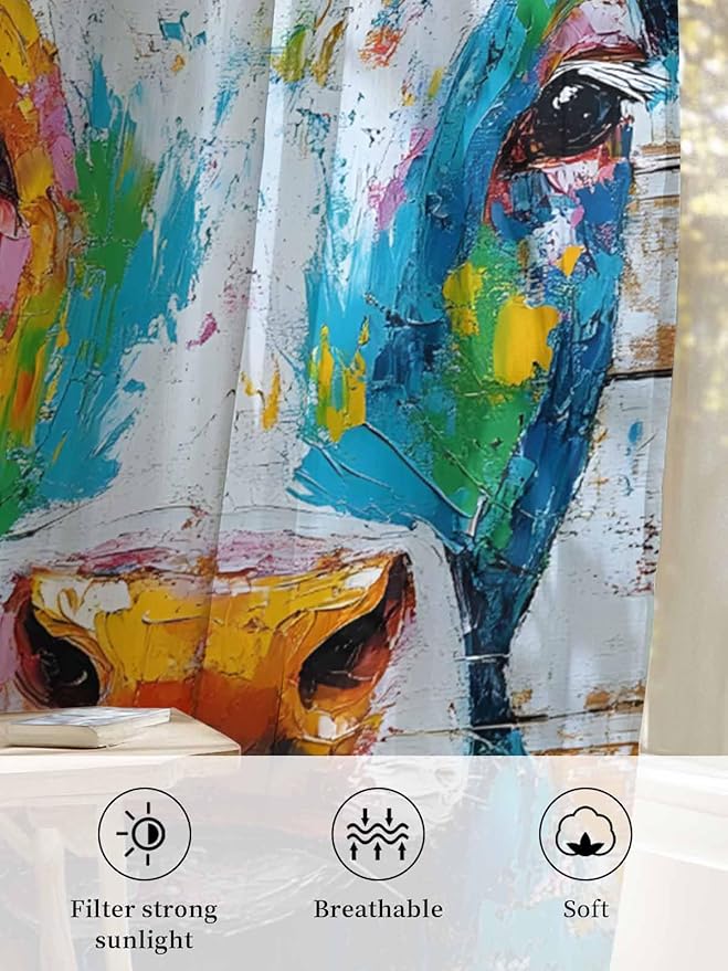 Sheer Curtains 108 Inches Long, Funny Colorful Cow Semi Sheer Curtains Light Filtering Window Treatment, Retro Rustic Oil Painting Wood Grain Privacy Voile Drapes for Living Room Bedroom 52x108 Inch