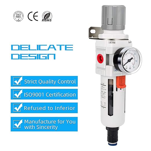 NANPU 3/8" NPT Compressed Air Filter Regulator Combo Piggyback, Auto Drain, 5 Micron Brass Element, Poly Bowl, Metal Bracket, 0-150 psi Gauge